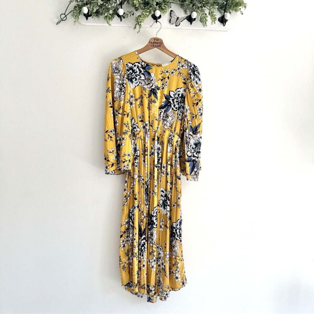Witchery Yellow Floral Pleated Midi Dress Long Sleeve US 4